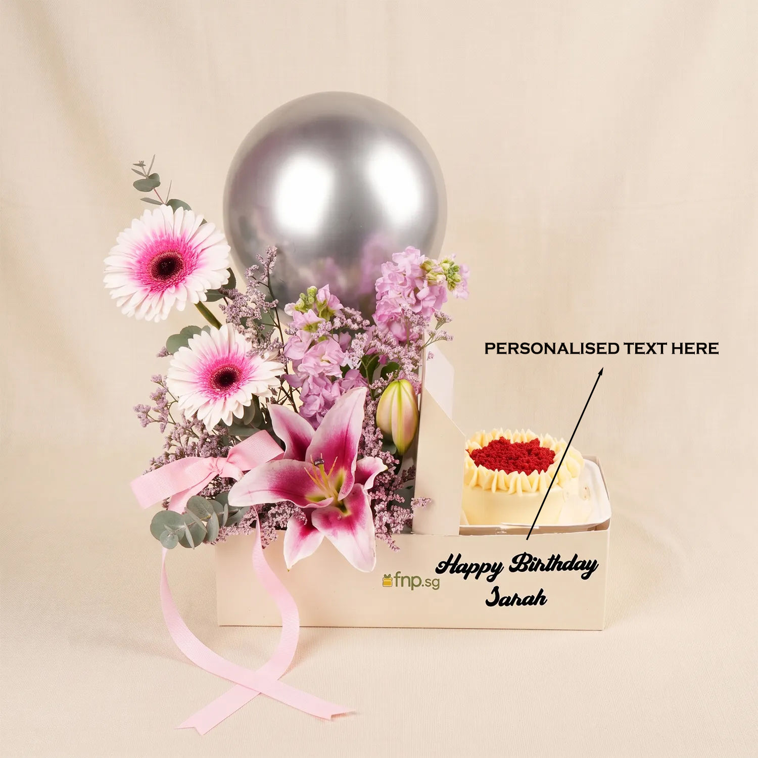 Personalised Message Gift Box with Flowers & Cake