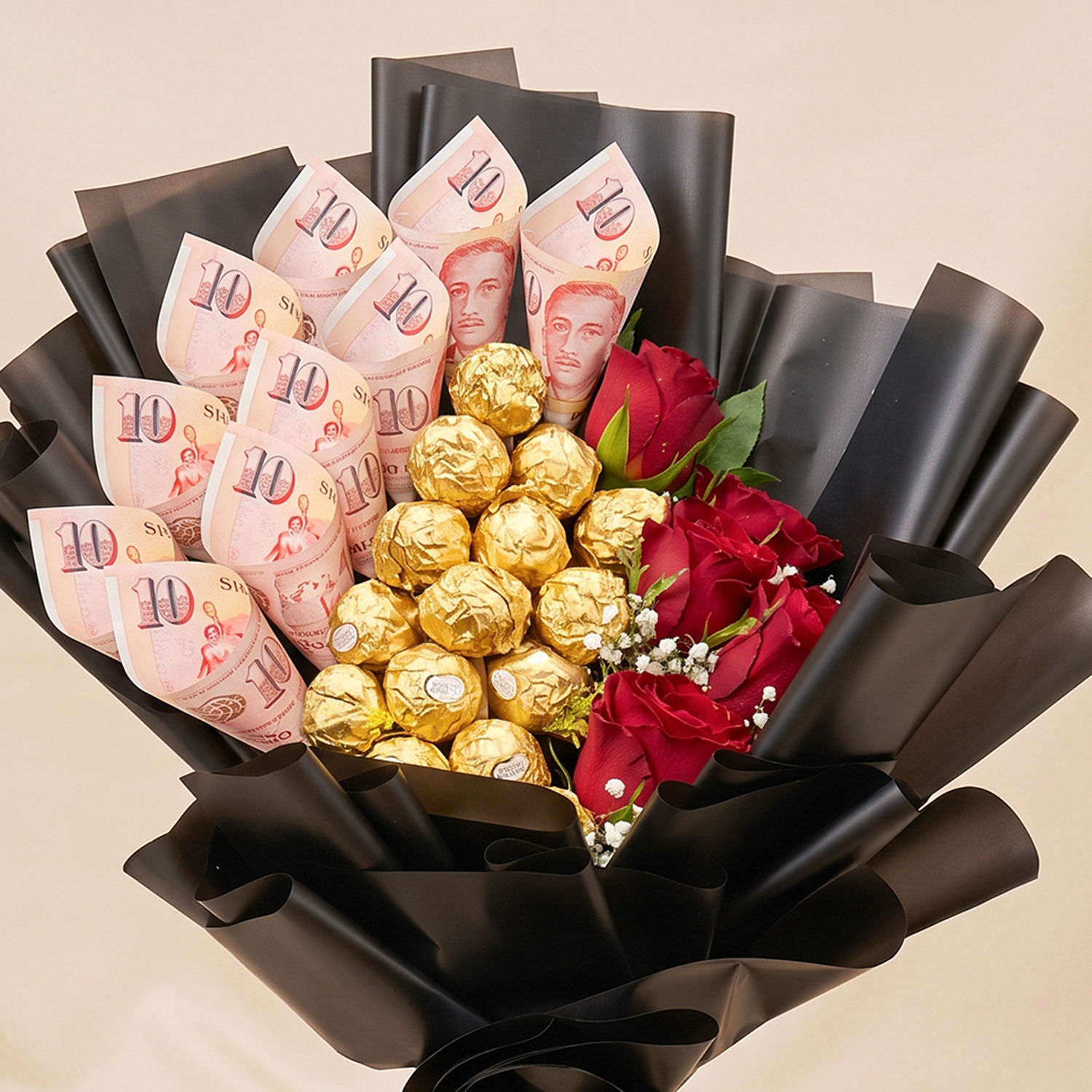 Rose and Rochers Bouquet with 100 SGD Money