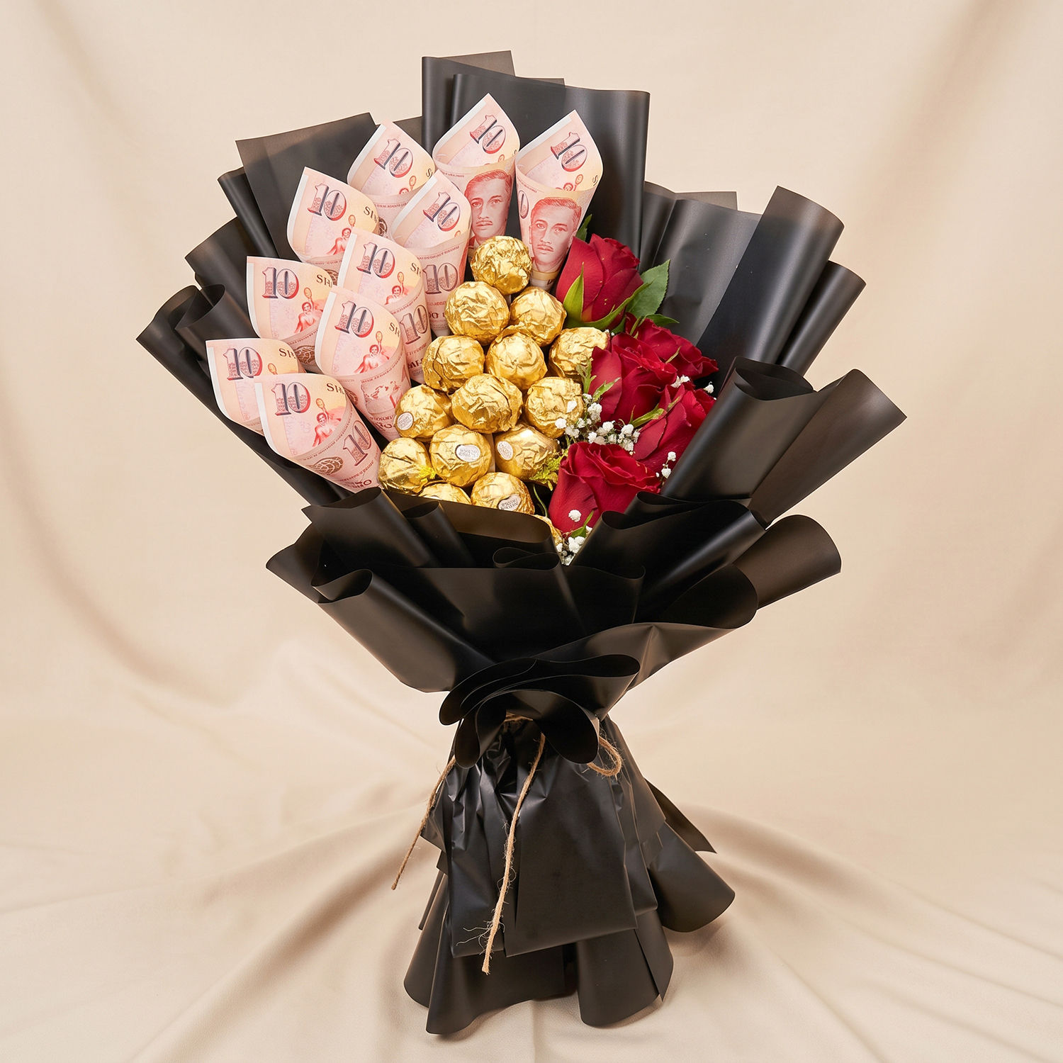 Rose and Rochers Bouquet with 100 SGD Money