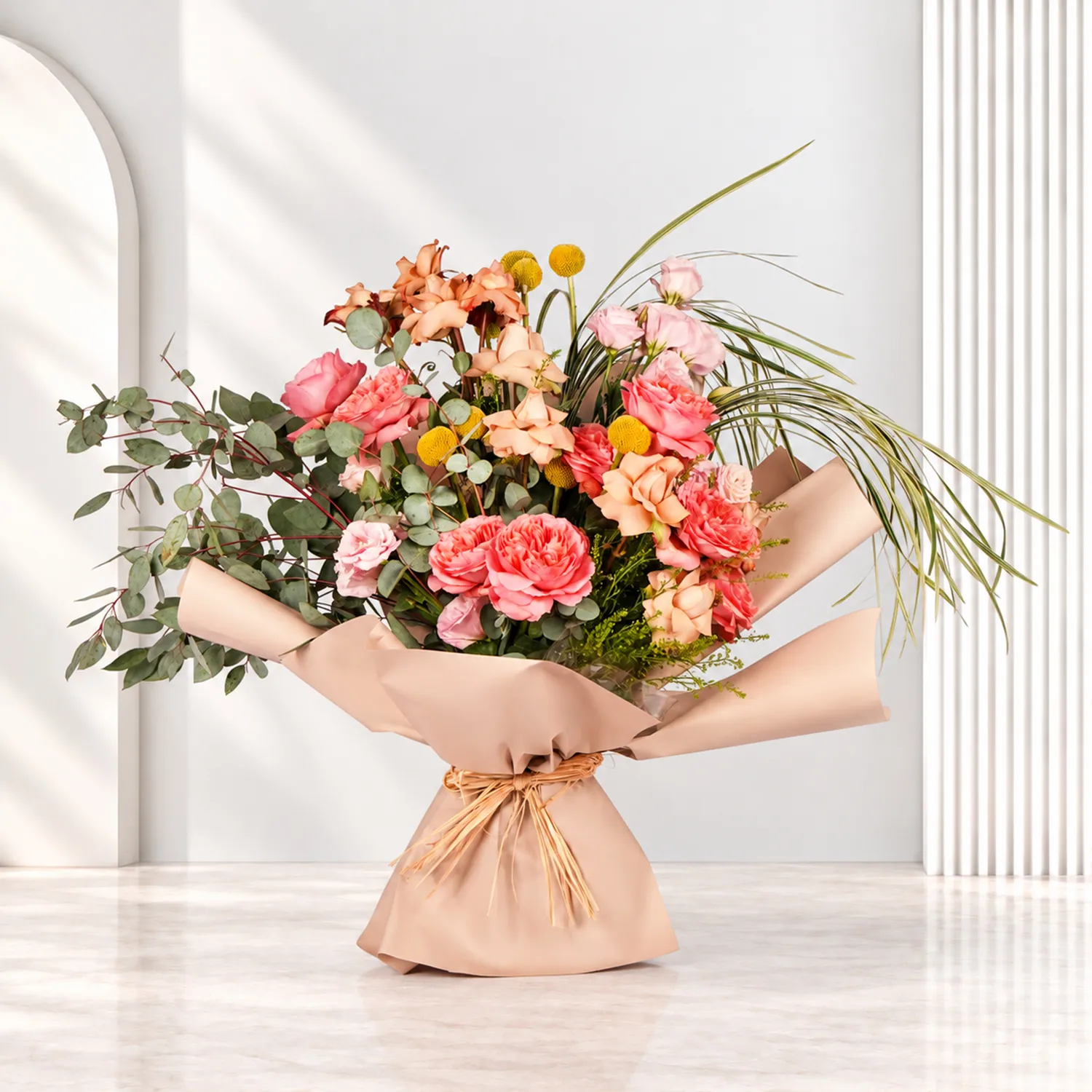 Soft Peach And Rosy Charm Bouquet