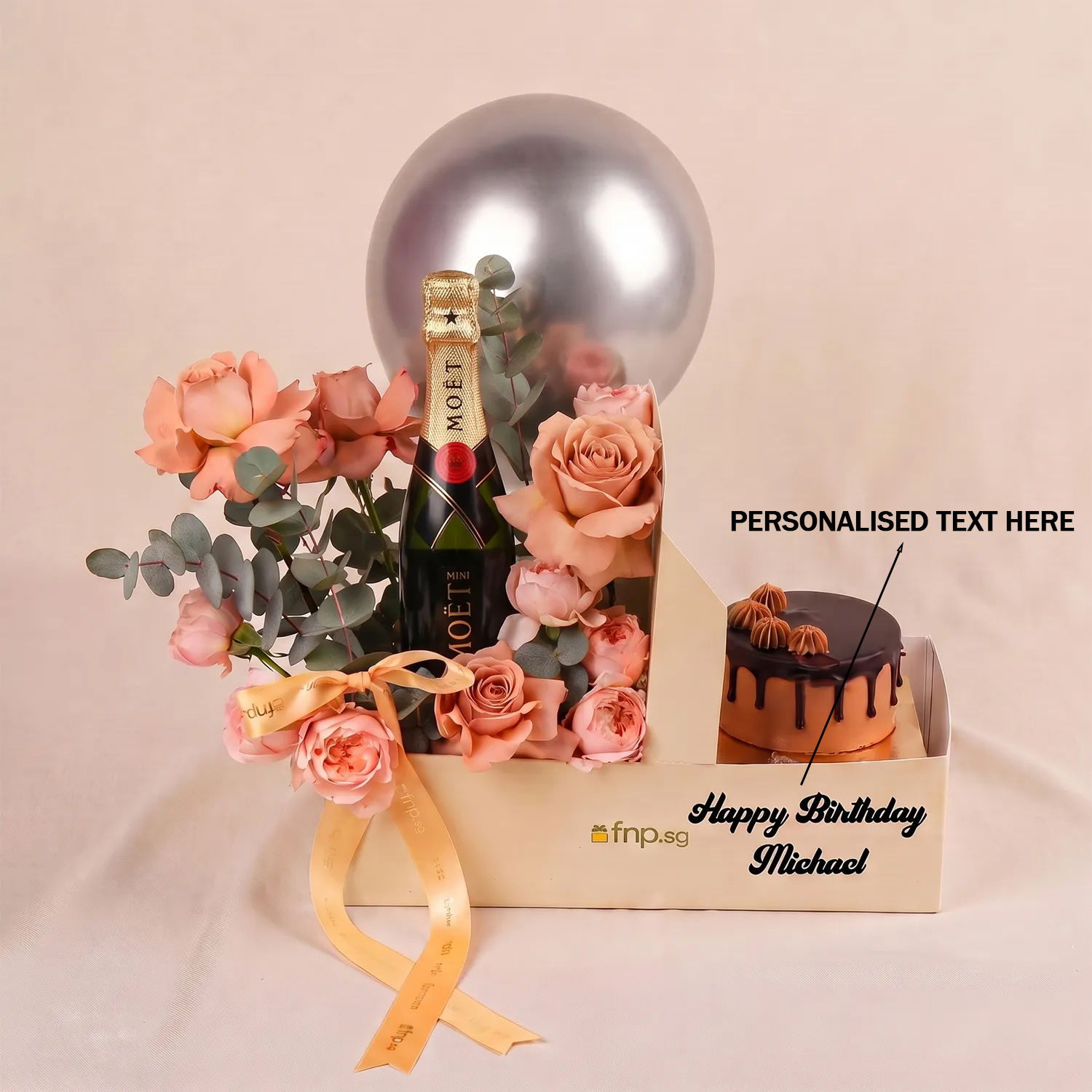 Personalised Gift Box With Wine, Roses & Cake