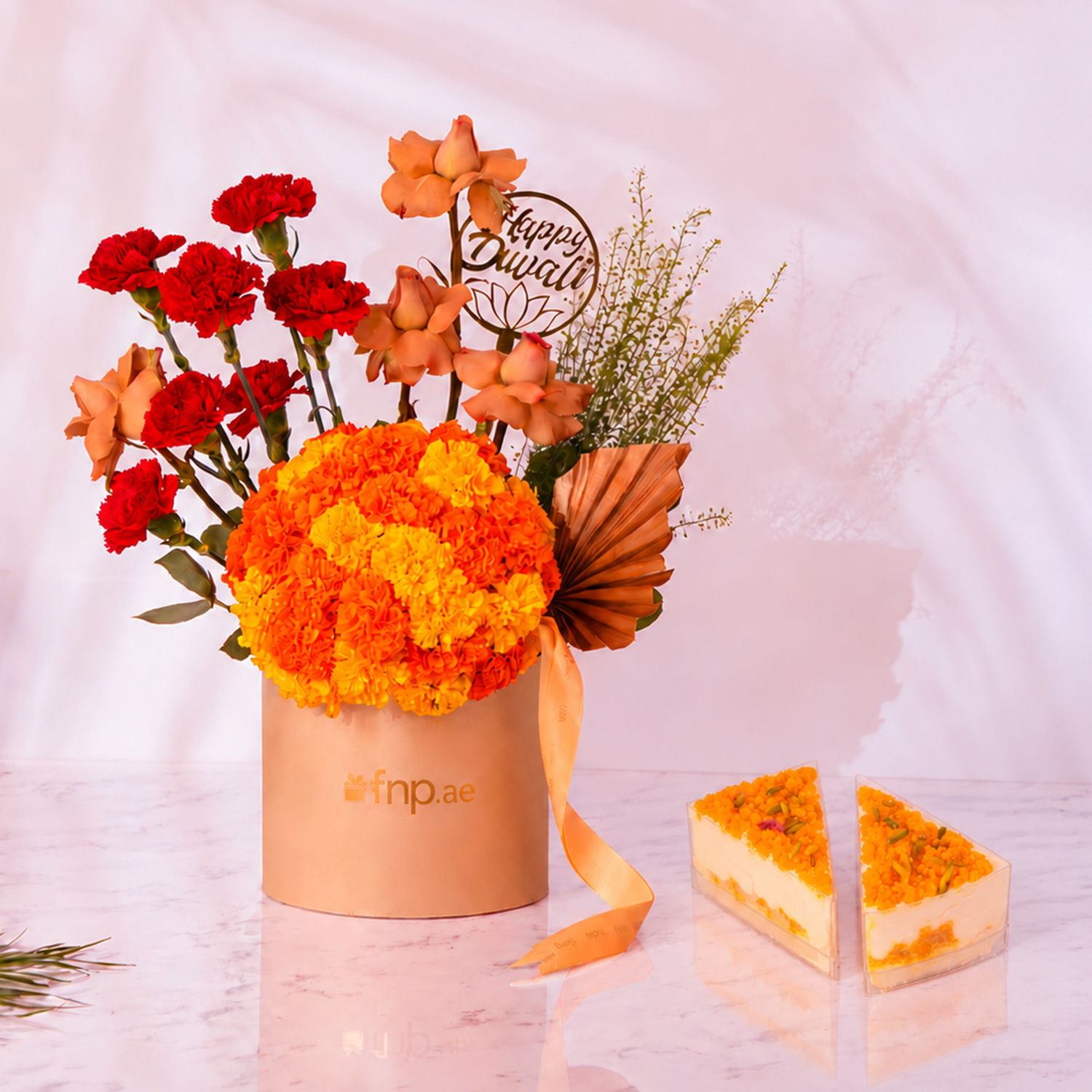 Golden Festive Blooms And Dessert Duo