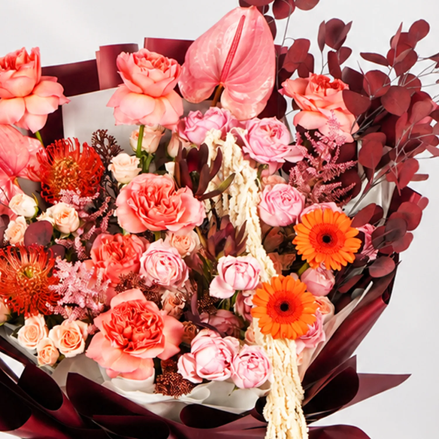Blushing Coral And Burgundy Elegance Bouquet