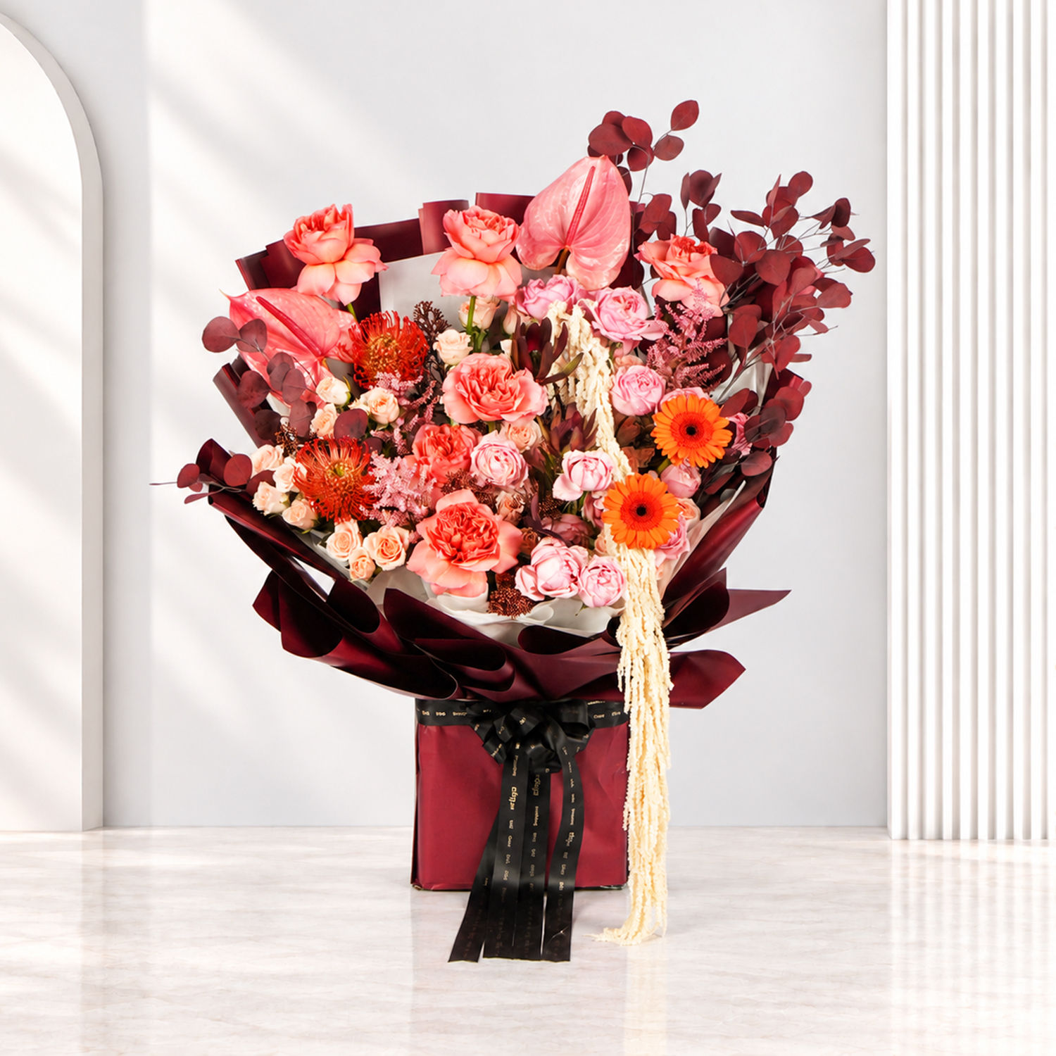 Blushing Coral And Burgundy Elegance Bouquet