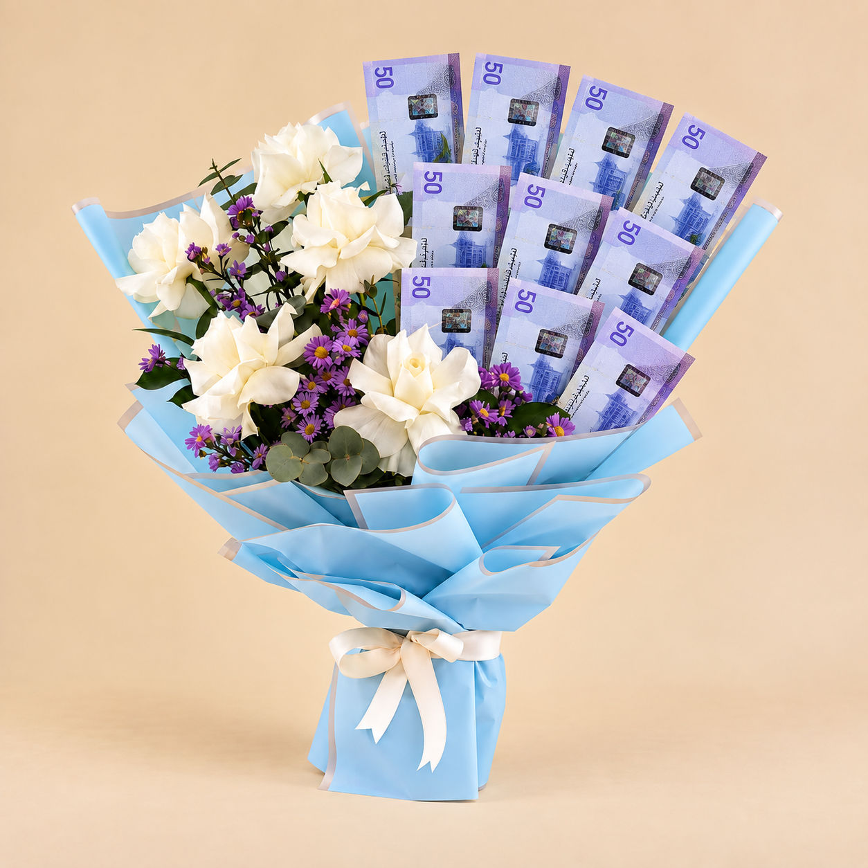 500 AED Cash Bouquet with White Blooms