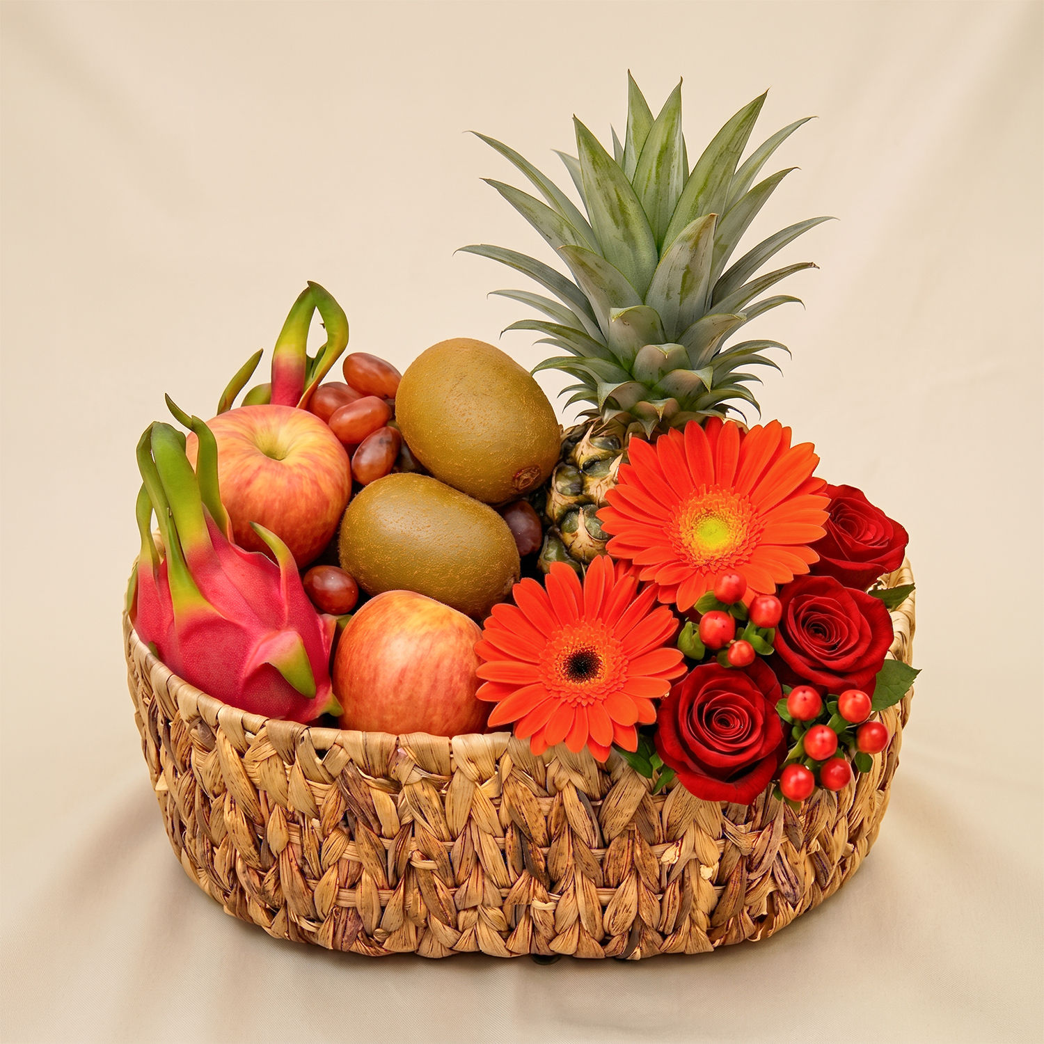 Mixed Flowers & Assorted Fruits Brown Basket