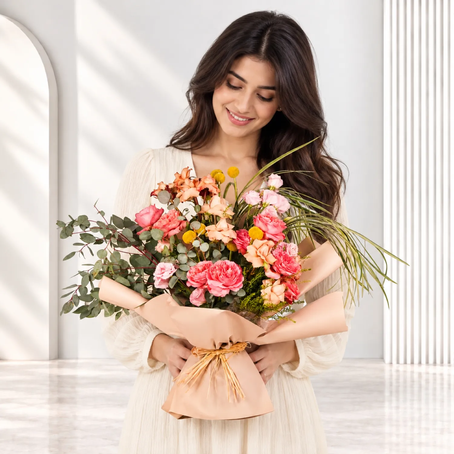 Soft Peach And Rosy Charm Bouquet