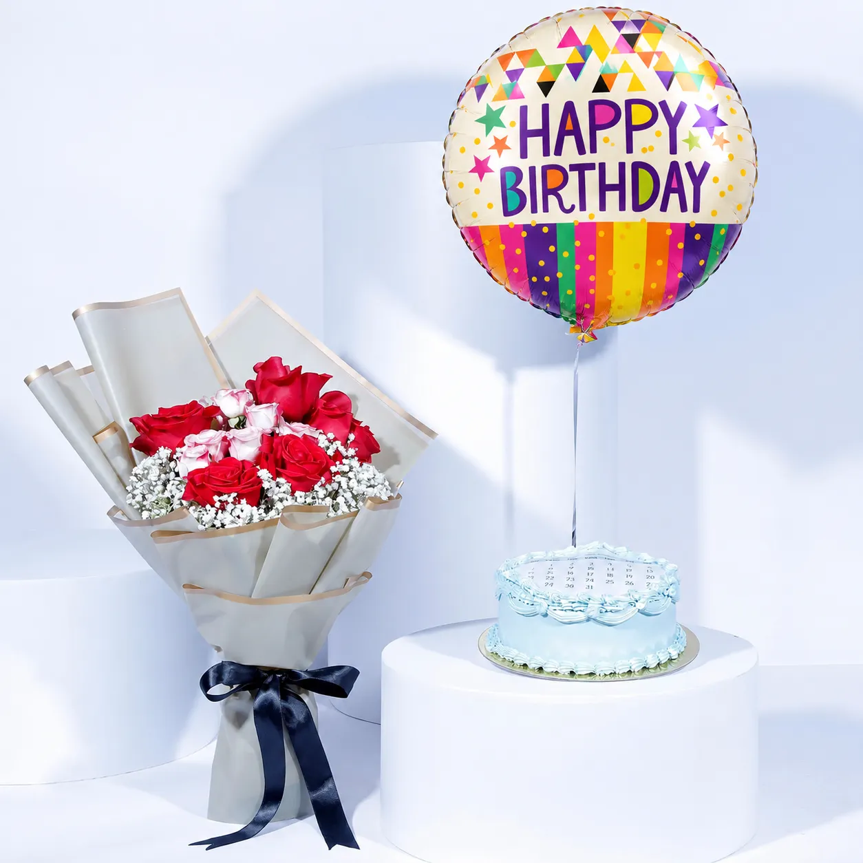 Deluxe Birthday Combo: Rose Bouquet, Red Velvet Cake & Balloon