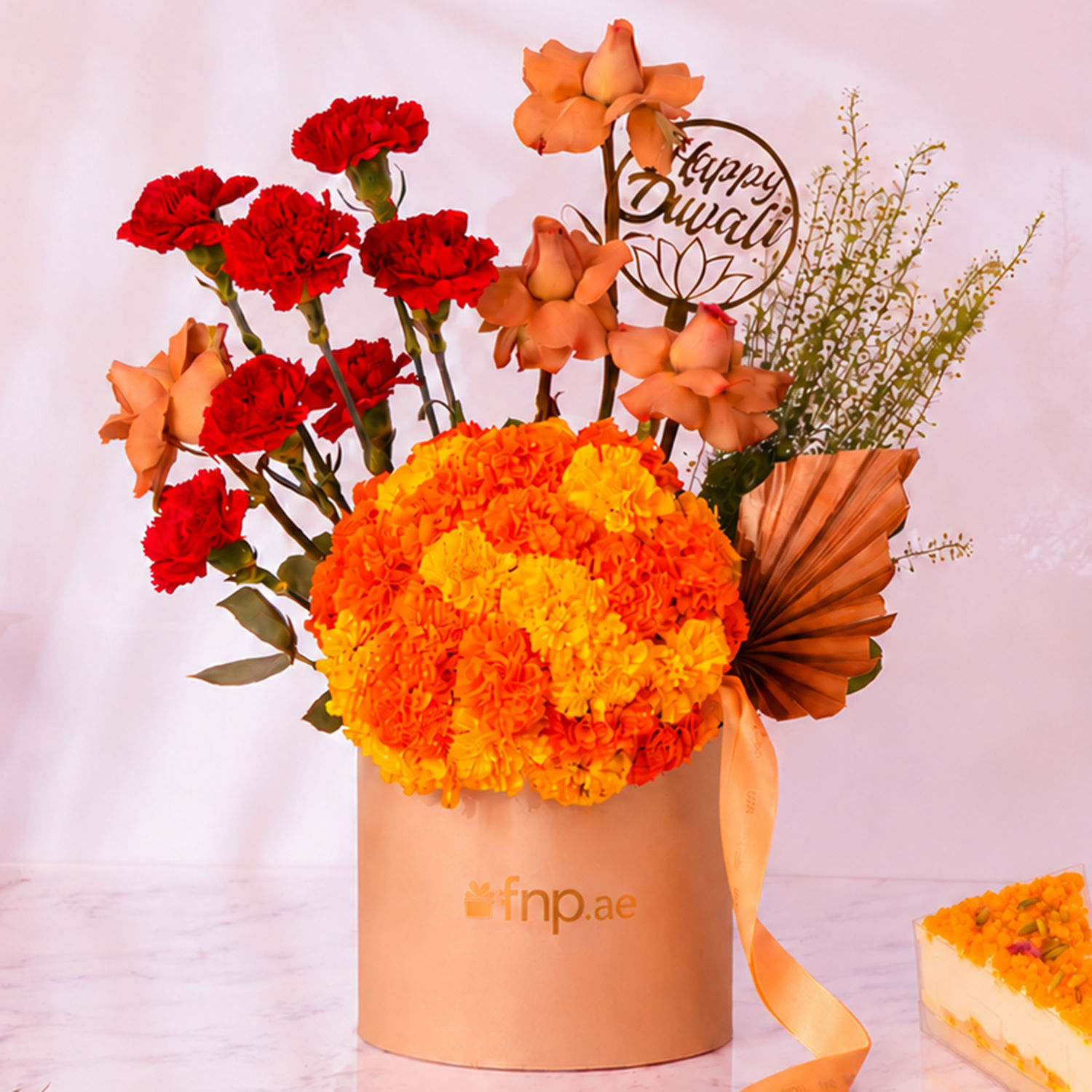 Golden Festive Blooms And Dessert Duo