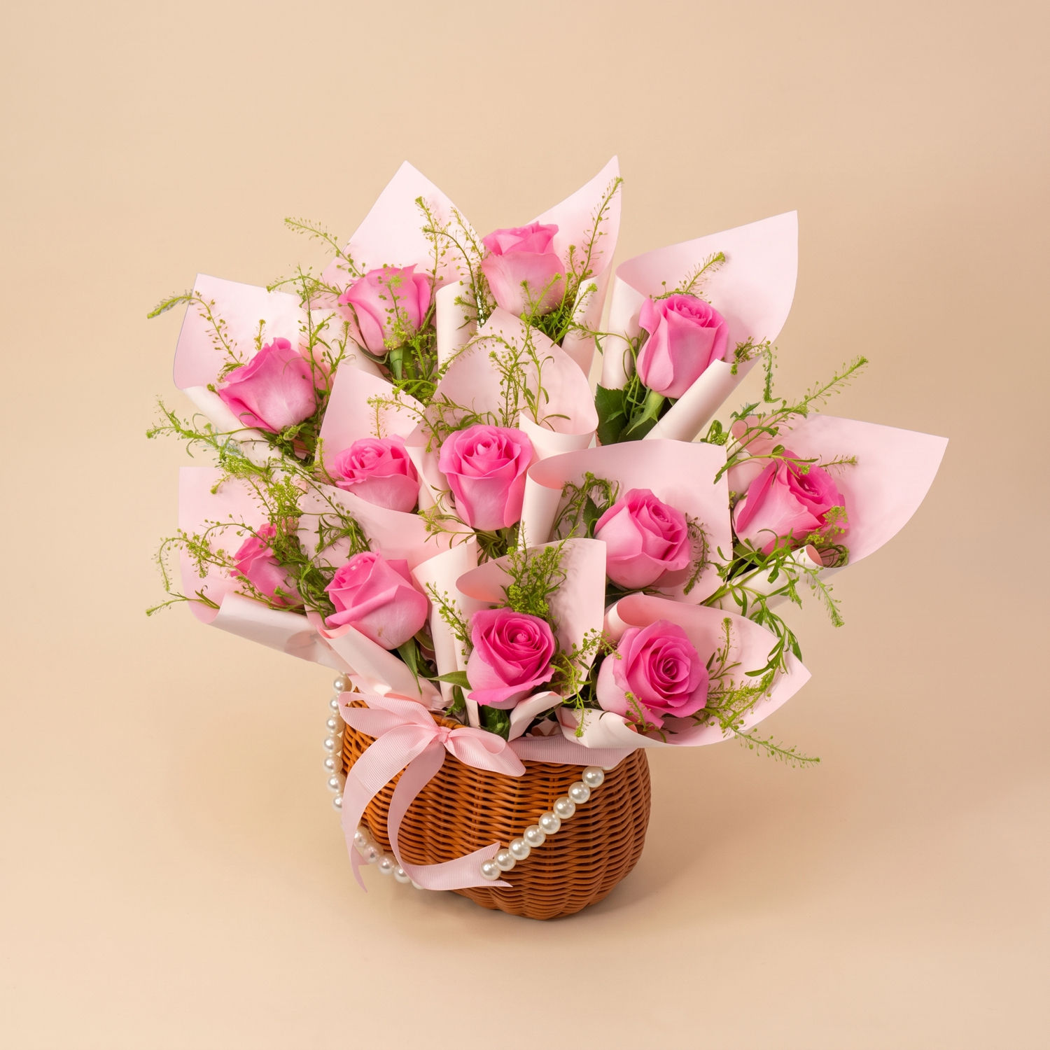 The Pink Empress Basket - 12 Pink Roses