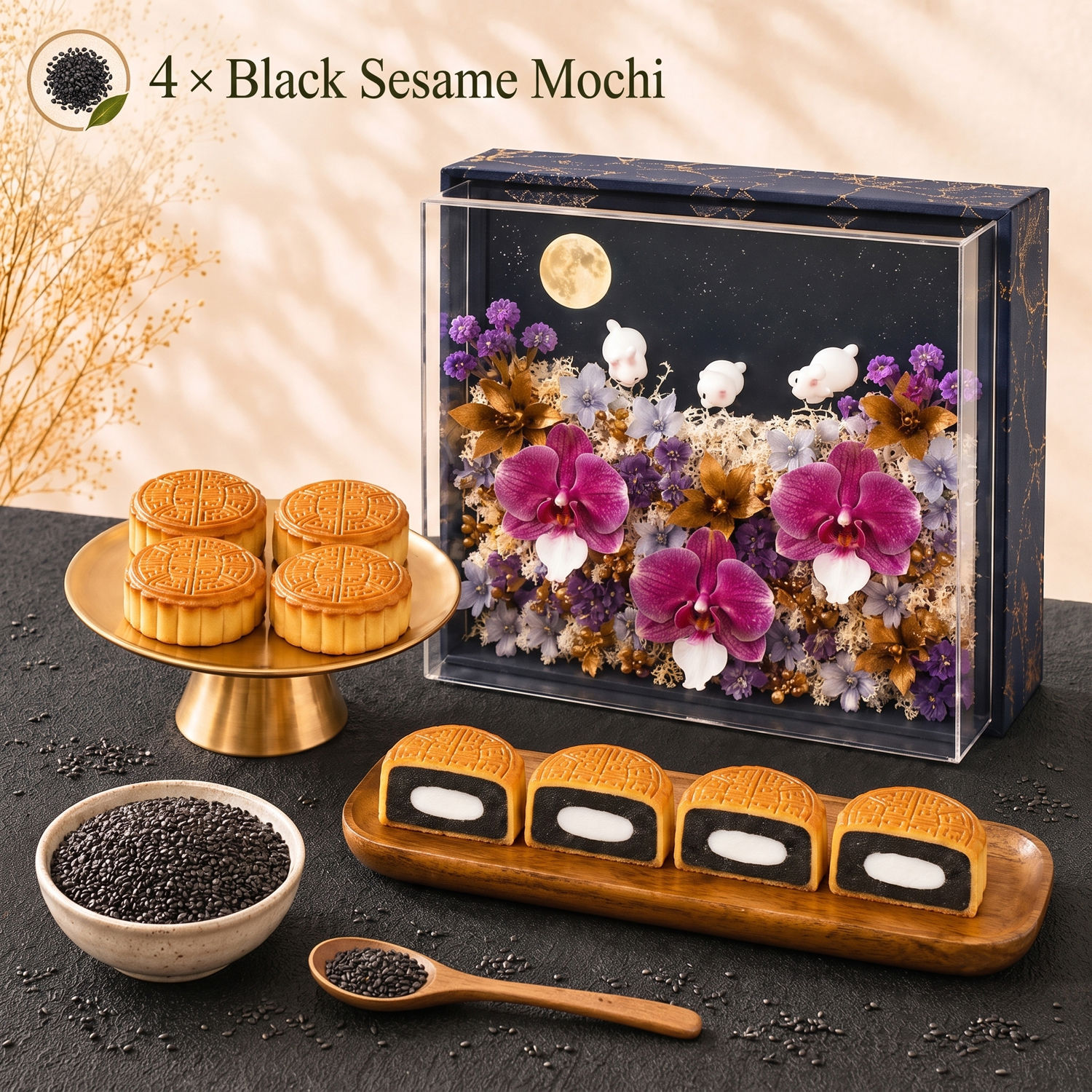 Lunar Blooms and Black Sesame Lotus Mochi Mooncakes