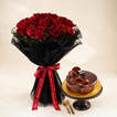 Red Rose Elegance LED Wrapping Bouquet - With Cake