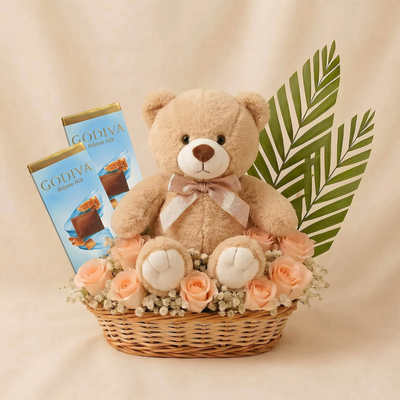 Godiva Chocolate Rose Basket n Teddy Bear