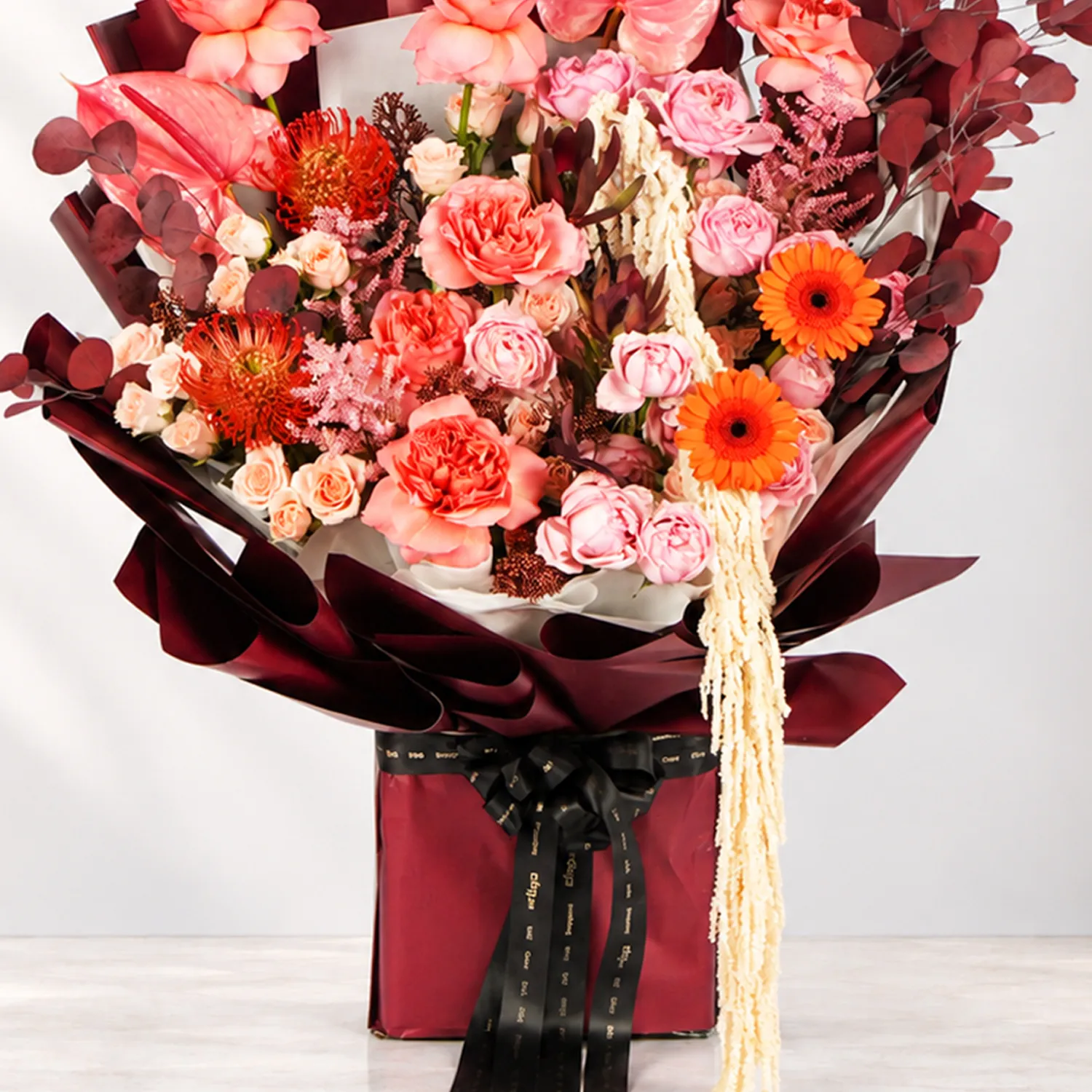 Blushing Coral And Burgundy Elegance Bouquet