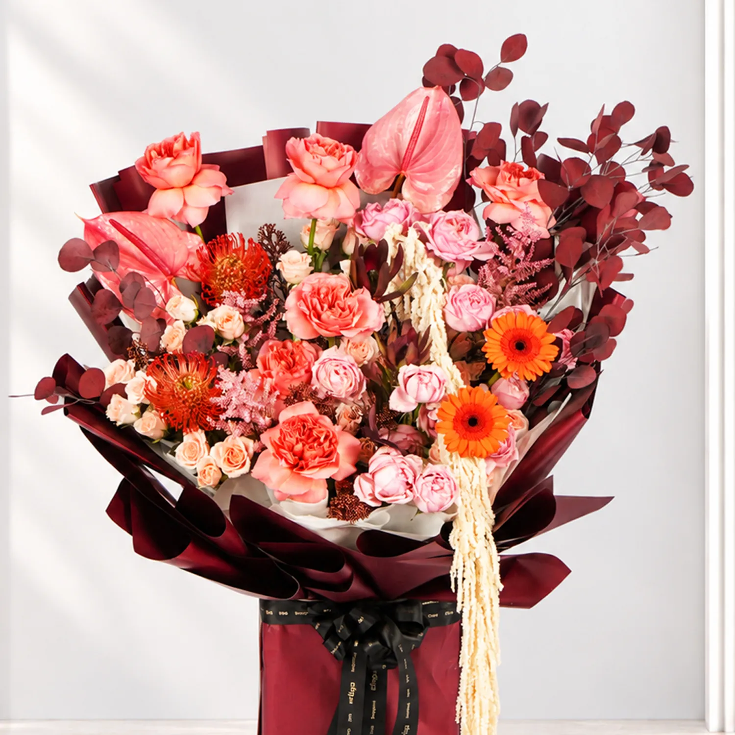 Blushing Coral And Burgundy Elegance Bouquet