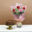 Elegant Blushing Roses Bouquet with Ferrero Rocher Chocolate Cake