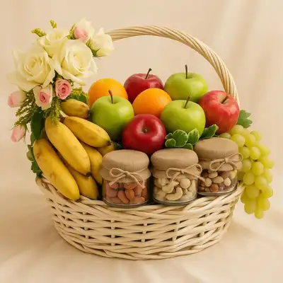 Luxurious Fruits and Nuts Gift Basket with Elegant Roses