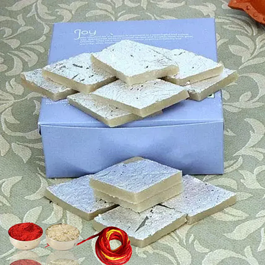 Box Of Kaju Barfi With Moli & Roli Chawal For Bhaidooj