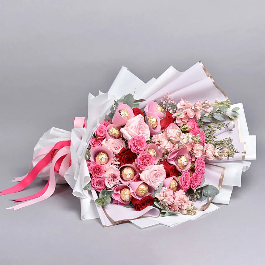 Pink Petals and Chocolates Bouquet for Valentine