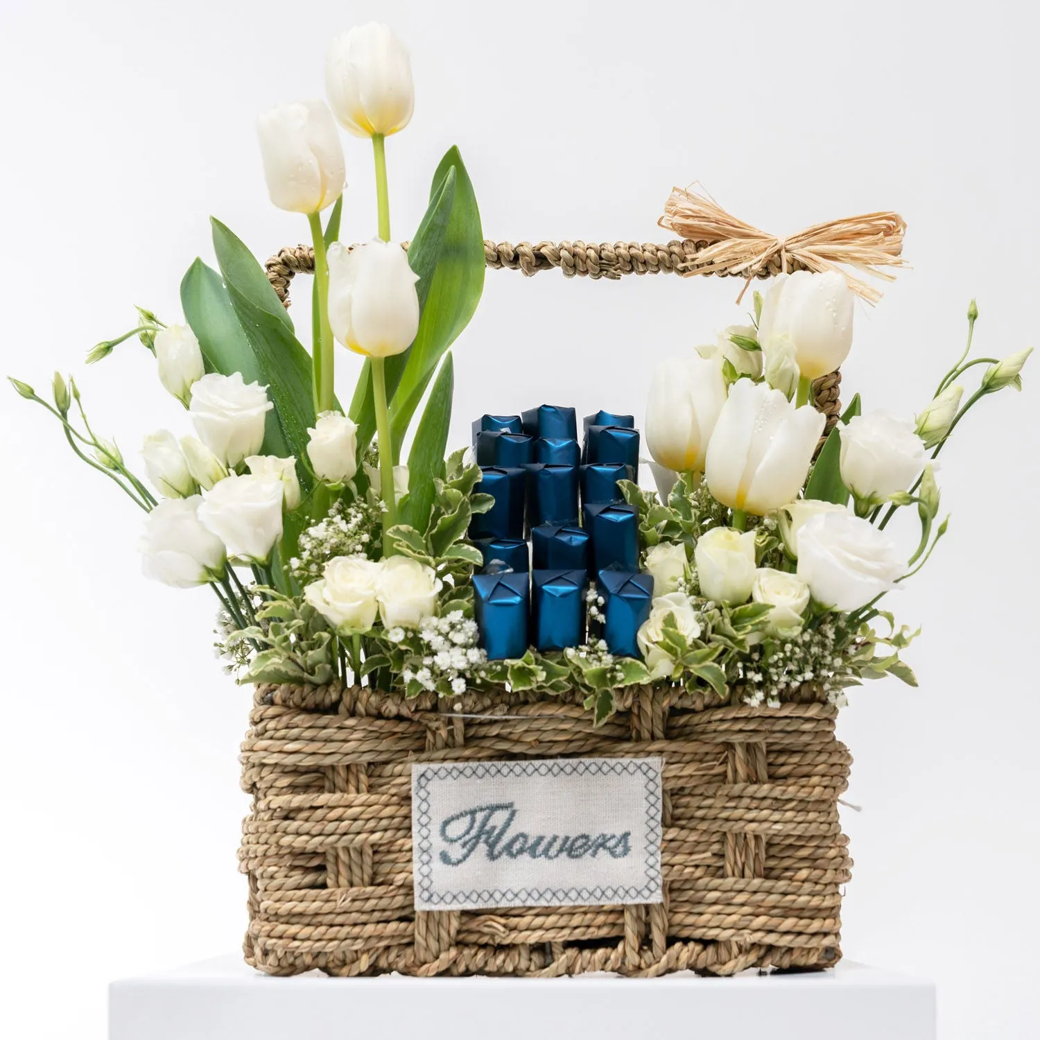 Elegant Tulips & Roses Floral Basket with Chocolates
