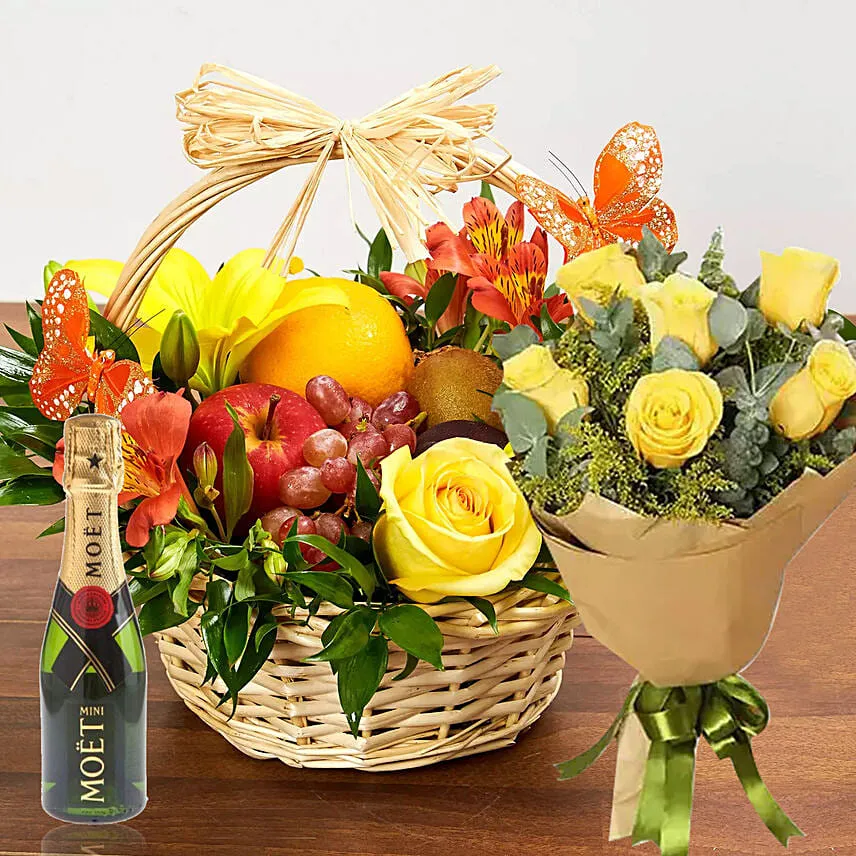 Flowers & Fruits Basket With Bouquet & Champagne