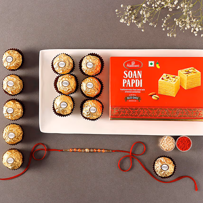 Sneh Rose Gold Rakhi with Ferrero Rocher & Soan Papdi