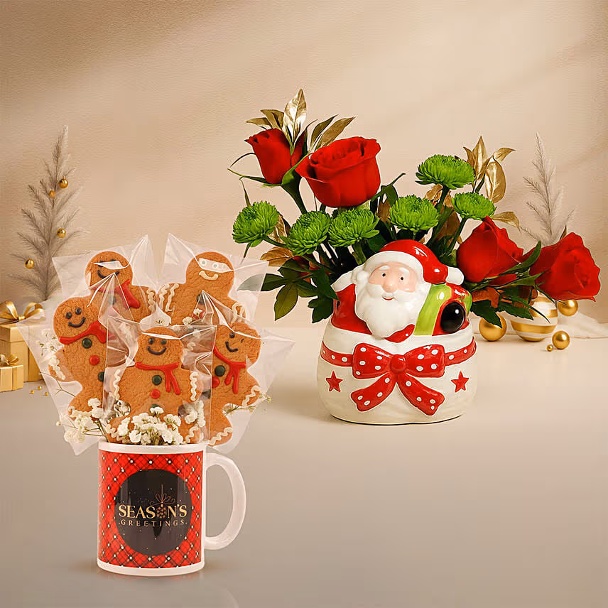 Christmas with Festive Floral & Gingerbread Mug Arrangement