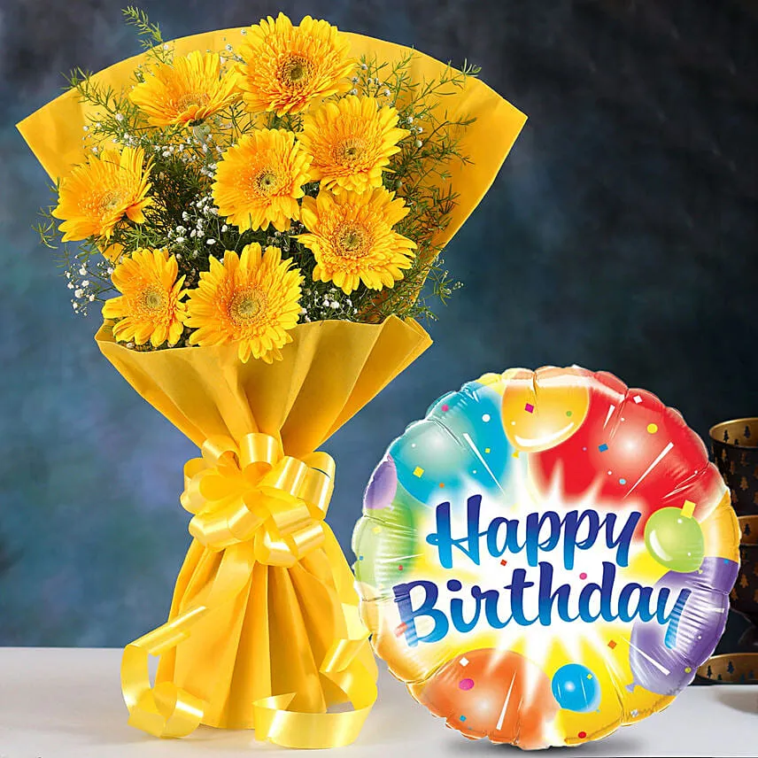 Yellow Mystique Gerbera Blossoms with Birthday Balloon