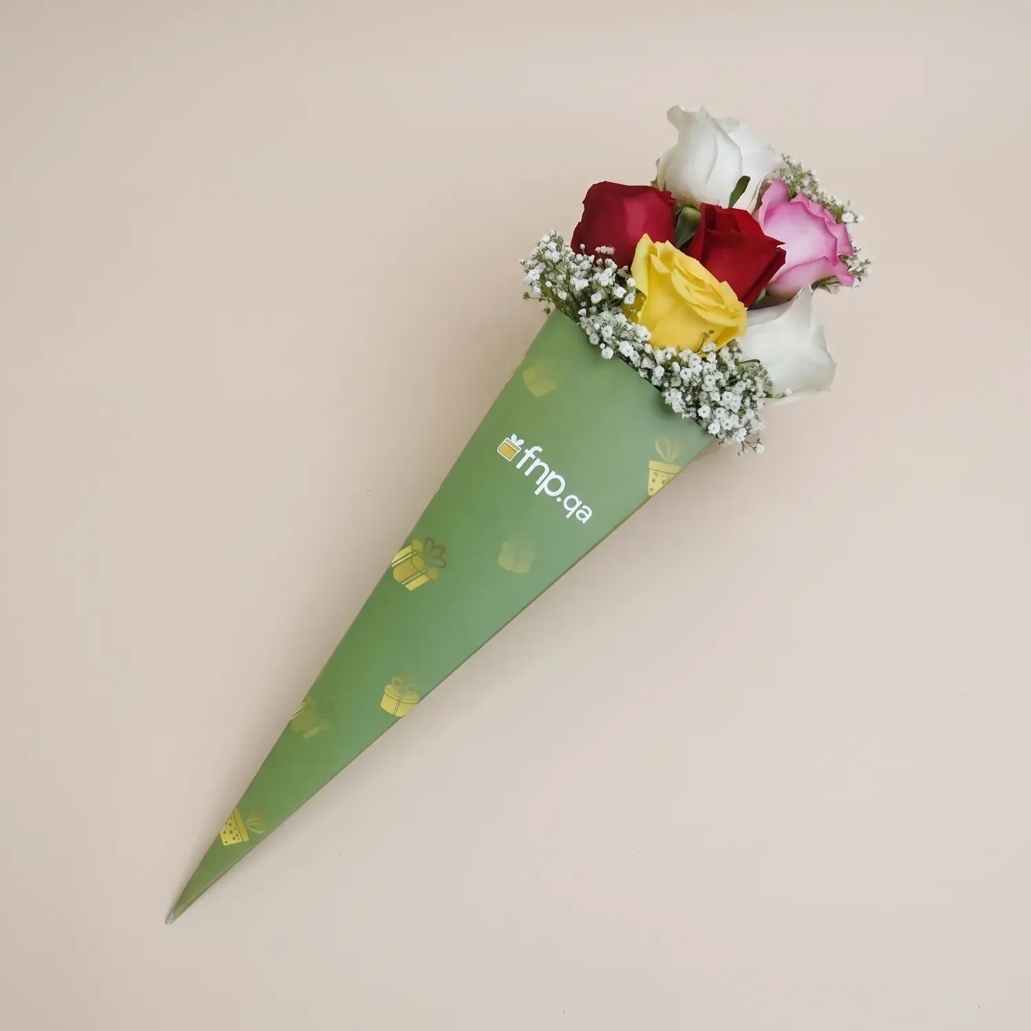 Vibrant Mixed Color Roses in Elegant Green Sleeve