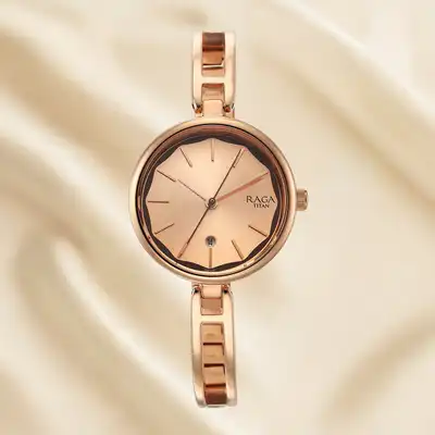 Titan Raga Viva Women's Analog Watch with Date, White Dial, Rose Gold Metal Strap