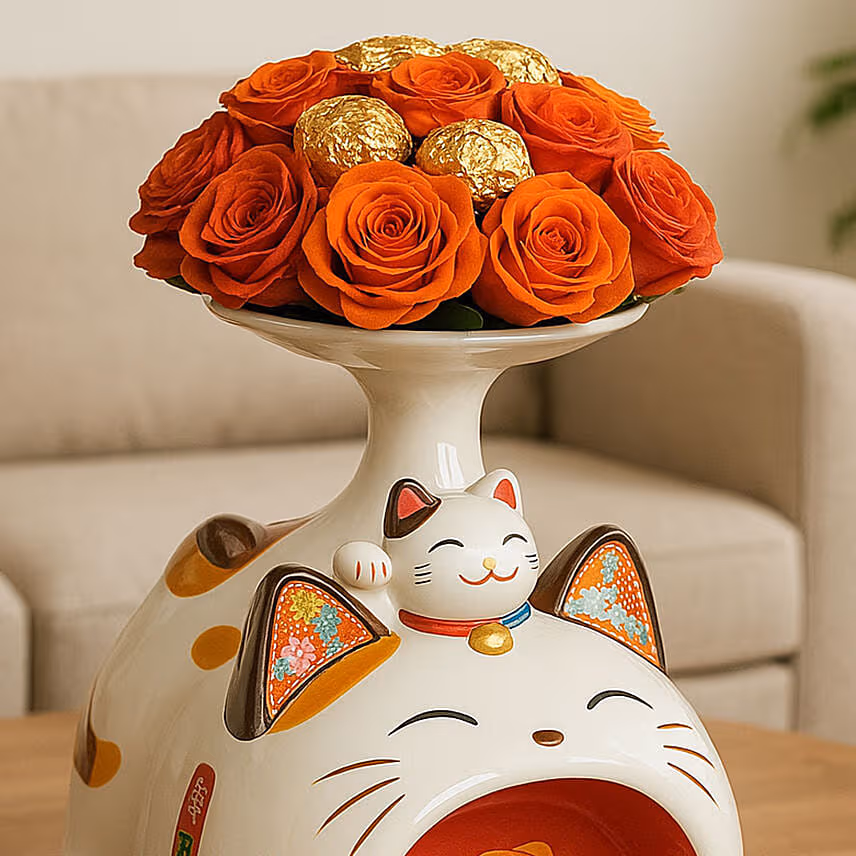 Good Luck Cat Roses & Rochers