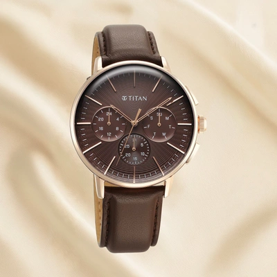 Titan Light Leather Men's Multifunction Watch - Elegant Brown Dial with Leather Strap