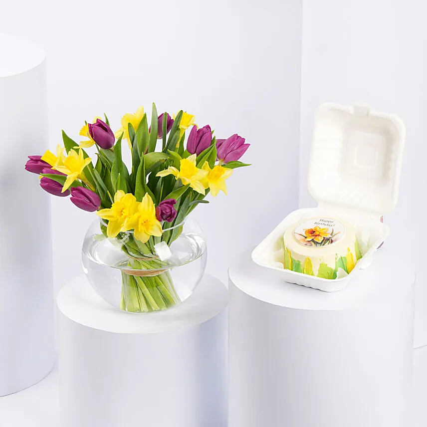 Tulips and Daffodils Beauty in Fish Bowl with Birthday Bento Cake