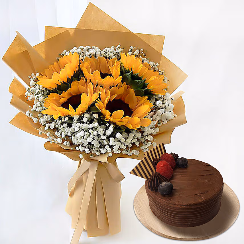 Ravishing Sunflowers With Chocolate Cake