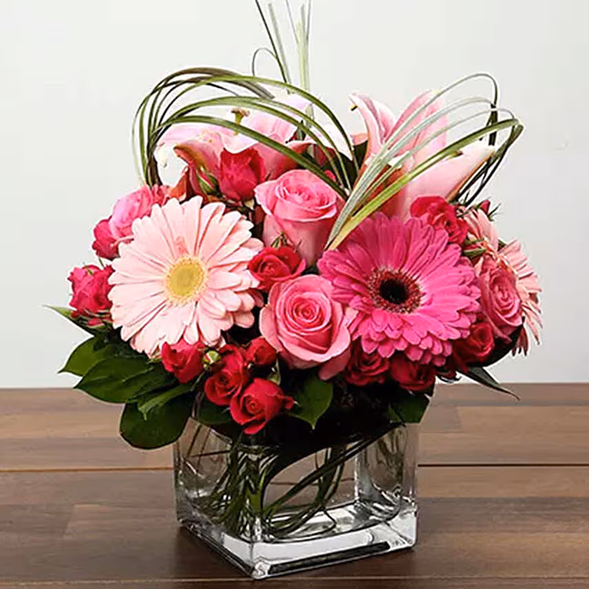 Pink Flowers In Glass Vase With Choco & Cake