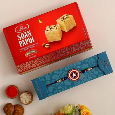 Exclusive Captain America Rakhi Gift Set for Kids with Haldiram's 250g Soan Papdi