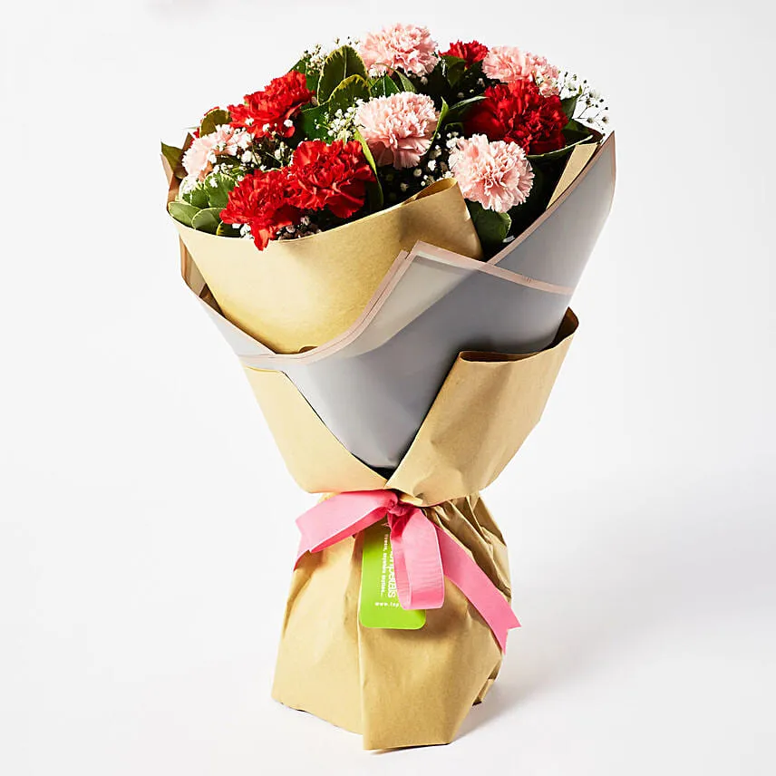 Appealing Mixed Carnations Bouquet With Teddy Bear