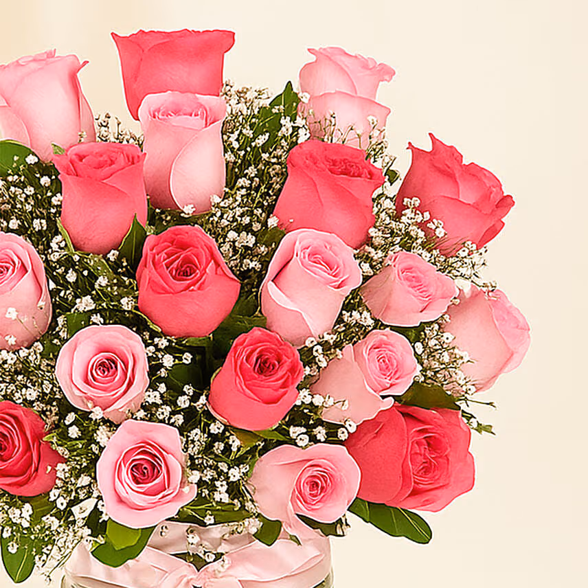 Beautiful Pink Roses Glass Vase Arrangement