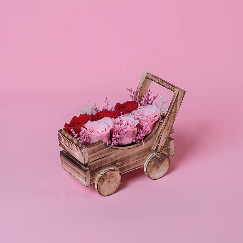 Preserved Roses Arrangment In a Cart