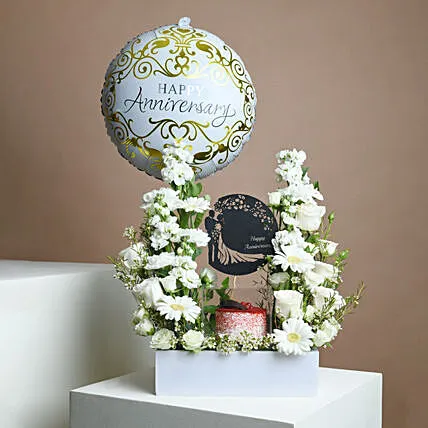 Elegant Anniversary Floral Arrangement and Red Velvet Cake Combo