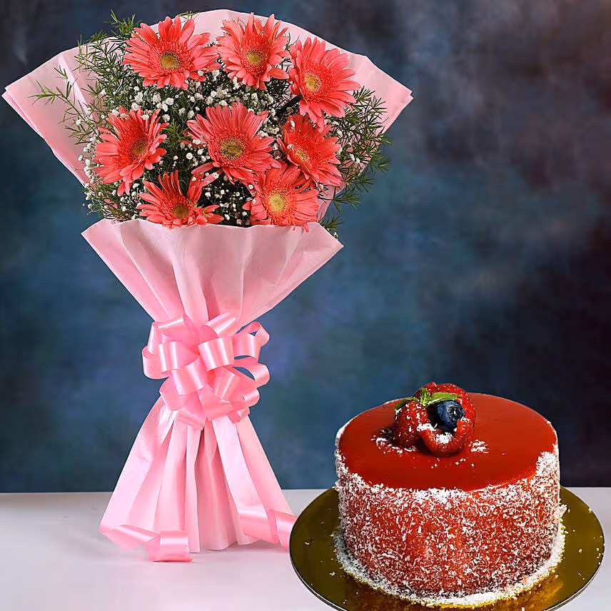 Pink Marvel Gerbera Blossoms with Mini Mousse Cake