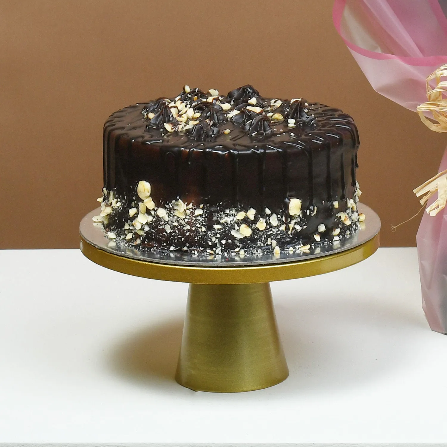 Romantic Blushing Roses Bouquet with Decadent Chocolate Hazelnut Cake