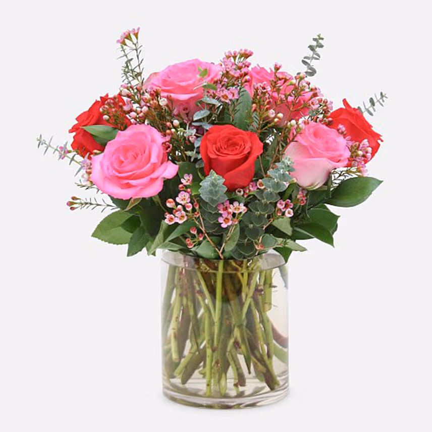 Red Pink Roses Cylindrical Vase Arrangement with Birthday Balloon