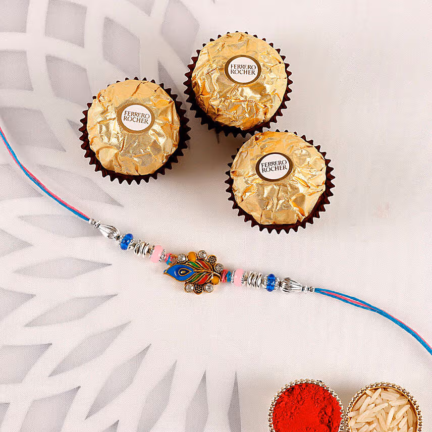 Sneh Designer Peacock Rakhi & Ferrero Rocher
