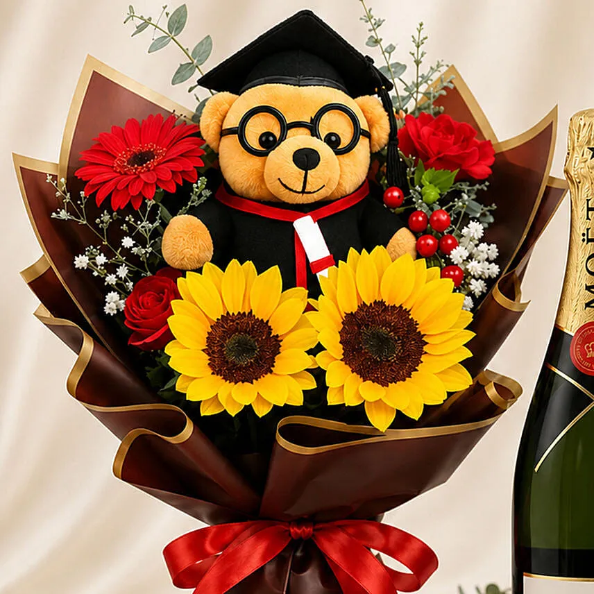 Graduation Champagne & Glasses and Flowers