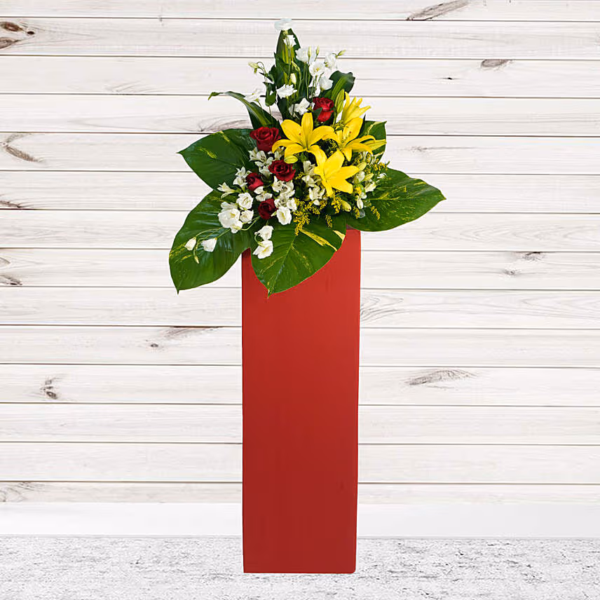 Magnificent Mixed Flowers Red Cardboard Stand
