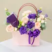 Elegant Peach and Purple Flower Arrangement with Amethyst Perfume
