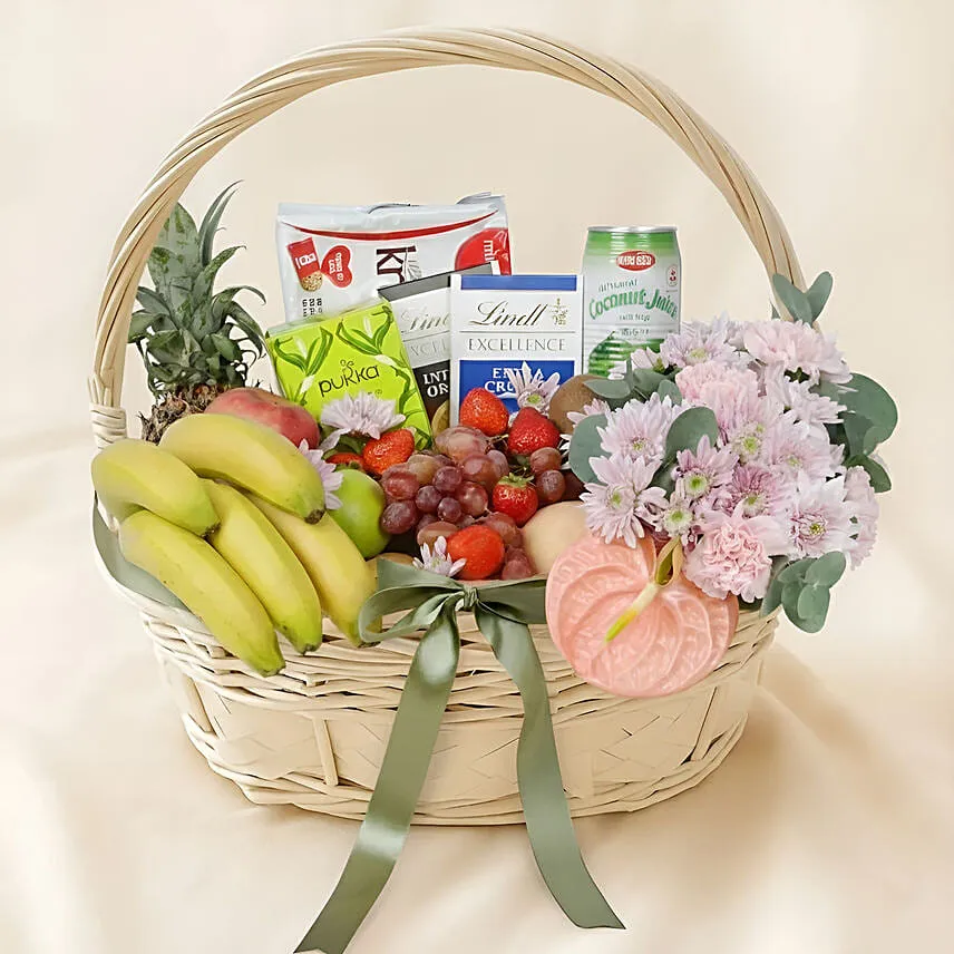 Delighful Fruits Chocolates and Flower Basket