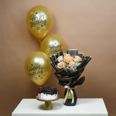 Elegant Peach Rose Bouquet with Black Forest Cake and Birthday Balloons