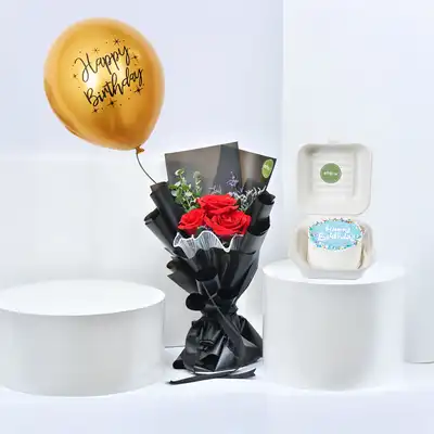 Red Roses Bouquet with Birthday Cake & Balloon